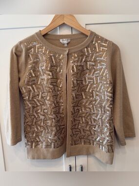 MaxMara Beige Gold Sequin Cashmere Cardigan Size M EUC